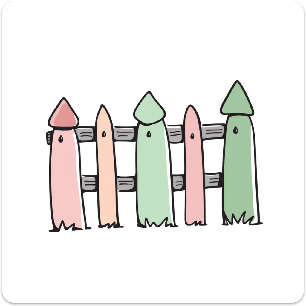 A wooden garden fence with decorative posts in pastel colors (dd9fb0, ffc6d3, a3bfc9, c4bee2, f1b091), hand-drawn doodle style sticker