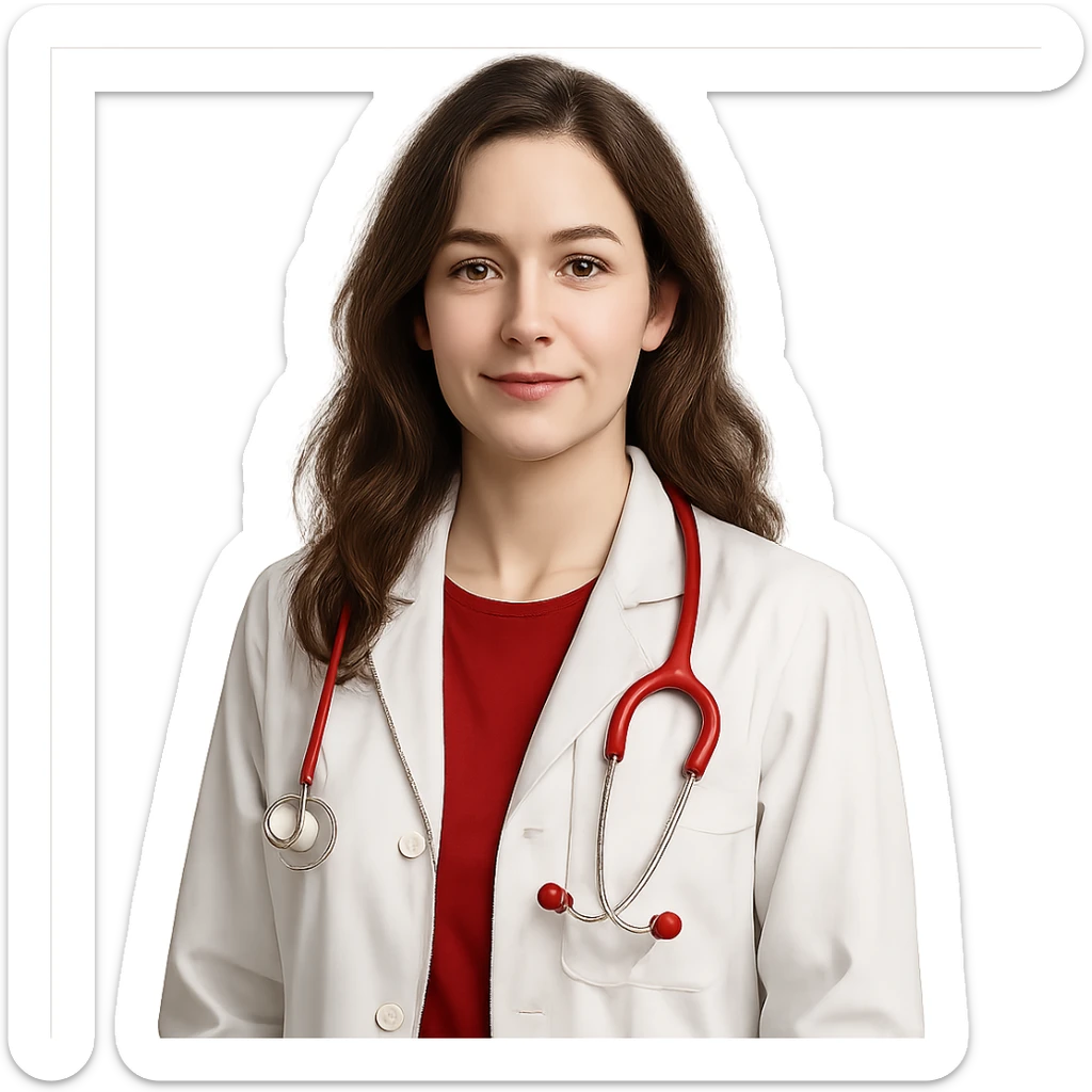 white-skinned female doctor with long wavy brown hair, wearing a white coat, red shirt underneath, red stethoscope around neck, simple realistic style sticker