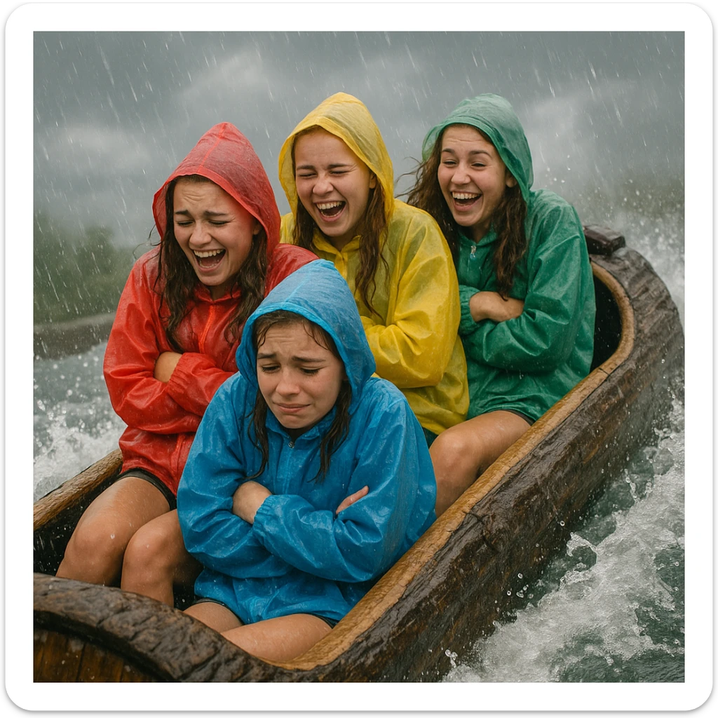 group of teenage girls on a log flume ride, shivering and laughing, wearing ponchos, rain falling, cloudy and chilly atmosphere sticker