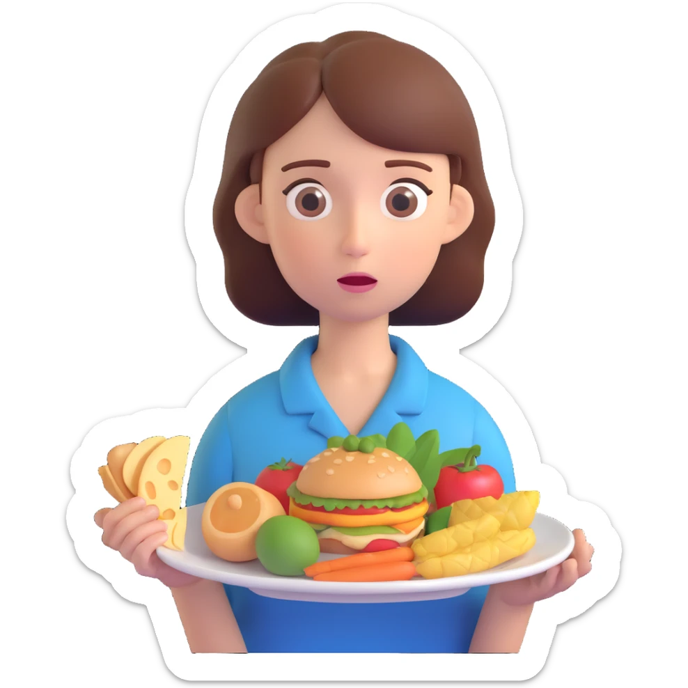 a person holding a plate of food, looking uncertain, expressive face, clear body language, no background sticker