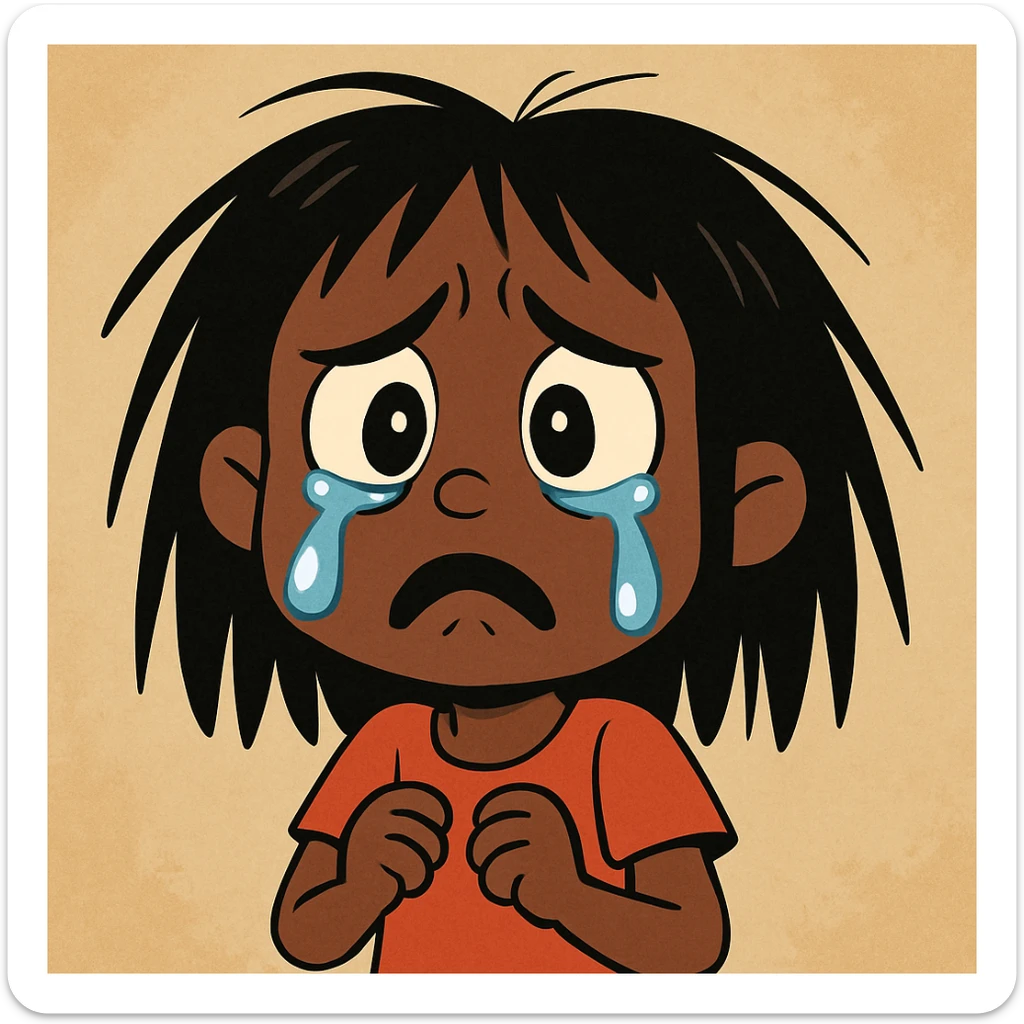 cartoon style sad crying black girl with straight messy hair, big teardrops sticker