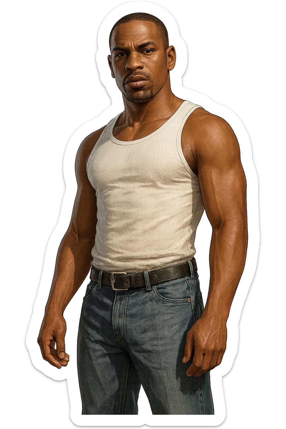 CJ from Grand Theft Auto: San Andreas in the style of Grand Theft Auto V, detailed, urban, confident pose, wearing a white tank top and blue jeans, realistic lighting, no background sticker