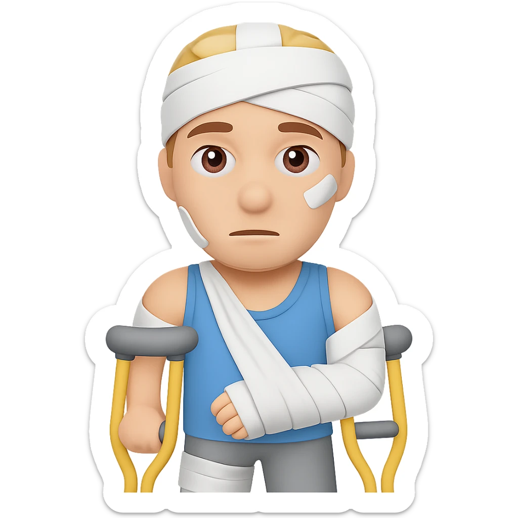 Add crutches and show more bandages on the injured man in the style of apple emojis. Keep the emoji style with no background. sticker