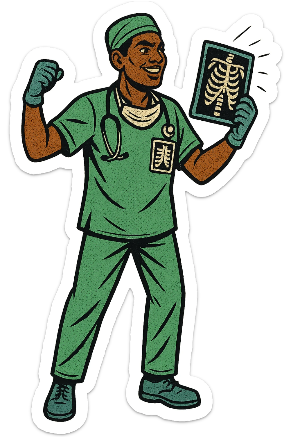 The full body of a modern black Indian surgeon with an x-ray in his pocket sticker