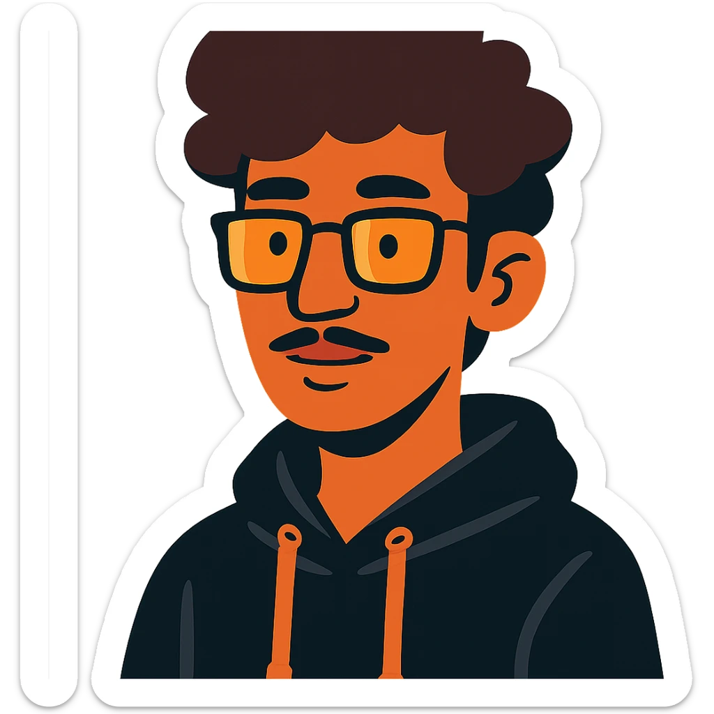 Malay teenager with fluffy hair, long face, light mustache, glasses, and a black hoodie in vibrant toon style sticker