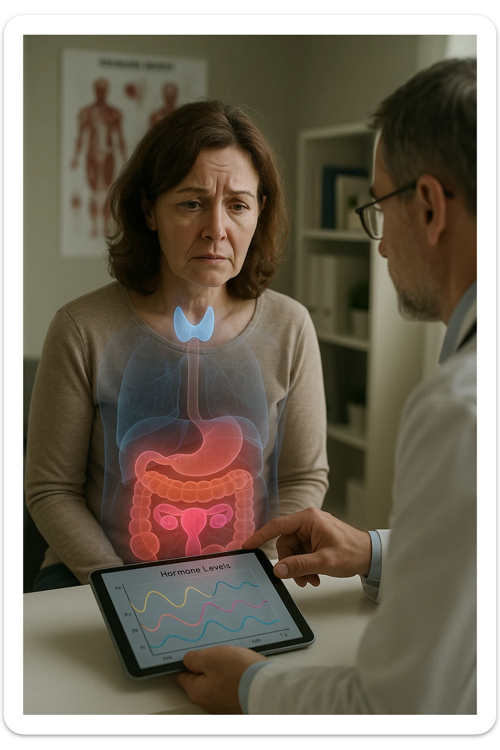 Realistic, vertical medical scene: a woman sits in a doctor’s office, looking fatigued and concerned. A semi-transparent overlay shows her internal organs, with the thyroid, ovaries, and adrenal glands glowing or pulsing in different colors to indicate hormonal imbalance. The doctor points to a digital tablet displaying fluctuating hormone levels. The mood is informative and empathetic. sticker