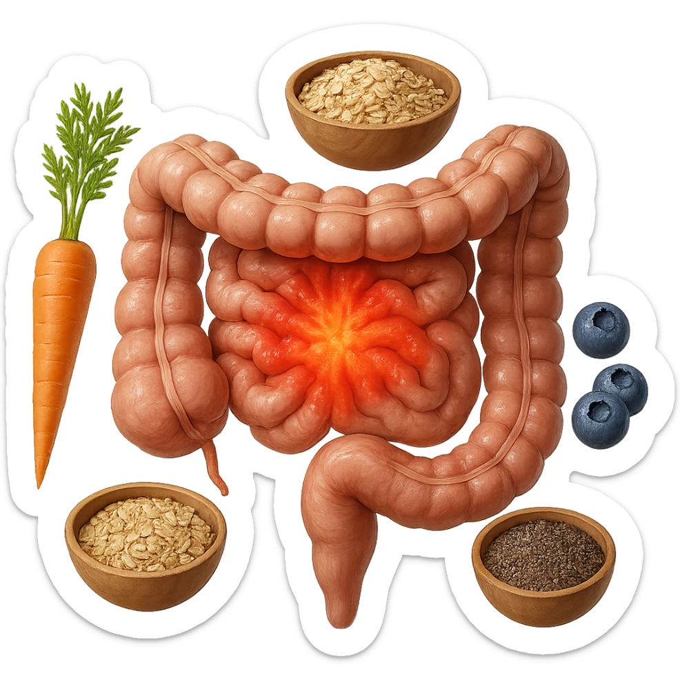 intestino umano anatomico infiammato al centro con carota, bowl di avena, mirtilli, bowl di semi di chia che gli fluttuano intorno , iperrealistico 4k sticker
