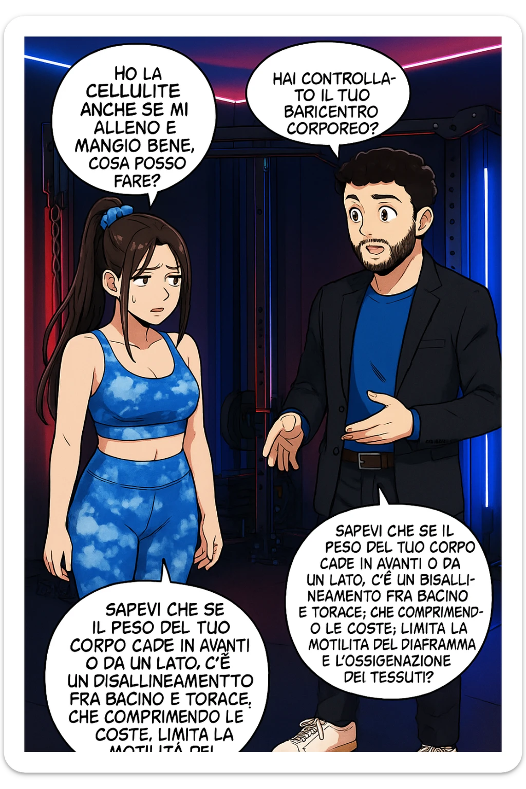 TRASFORMA QUESTO CAROSELLO IN UN FUMETTO STILE MANGA A COLORI CON QUESTE DUE PERSONE IDENTICHE CHE INTERLOQUISCONO TRA LORO:

LEI: Ho la cellulite anche se mi alleno e mangio bene, cosa posso fare?

LUI: Hai controllato il tuo baricentro corporeo?
LUI: Sapevi che se il peso del tuo corpo cade in avanti o da un lato, c’è un disallineamento fra bacino e torace, che comprimendo le coste, limita la motilità del diaframma e l’ossigenazione dei tessuti?
LUI: Il mio è il primo e unico percorso che lavora sugli inestetismi con un lavoro mirato sul baricentro corporeo. sticker