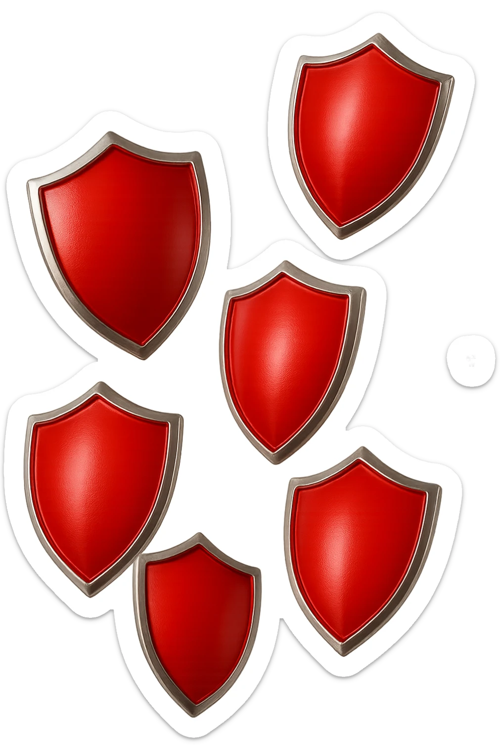 6 scudi 3d rossi che simboleggiano "difesa e protezione", cadono dall'alto casualmente, realistici in 3d, iperrealistico 4k sticker