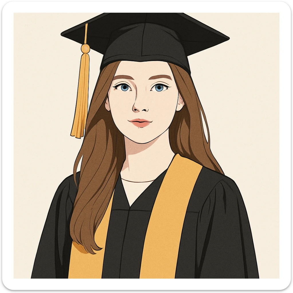 light brown haired girl with long hair, blue eyes, and pale skin wearing graduation regalia, clean modern illustration style sticker