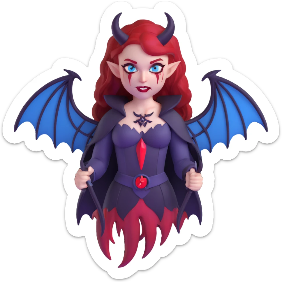 extremely diabolical demon girl with massive bat wings, blood red hair, sinister glowing blue eyes, dark hellish aura, sharp horns, fangs, pentagram sticker