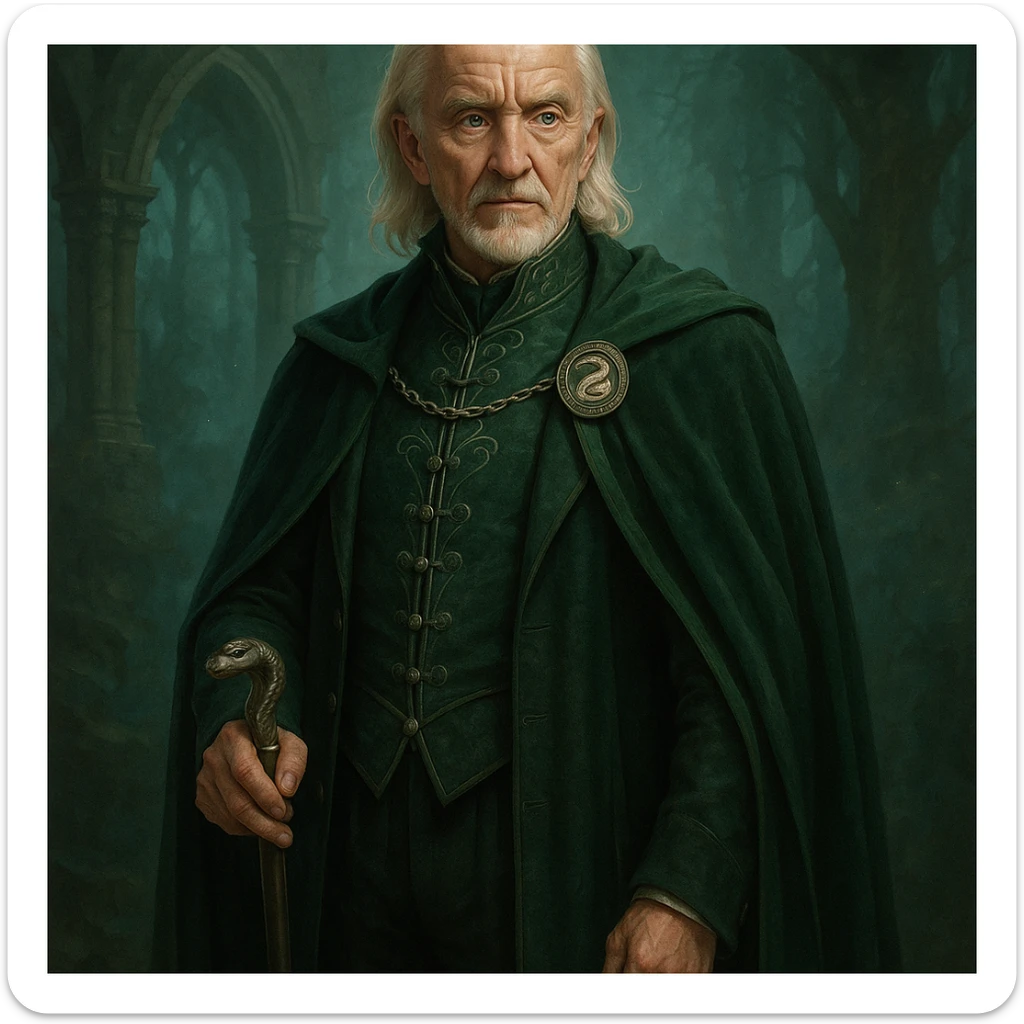 aged Draco Malfoy, distinguished, silver hair, cane, Slytherin colors, fantasy character sticker