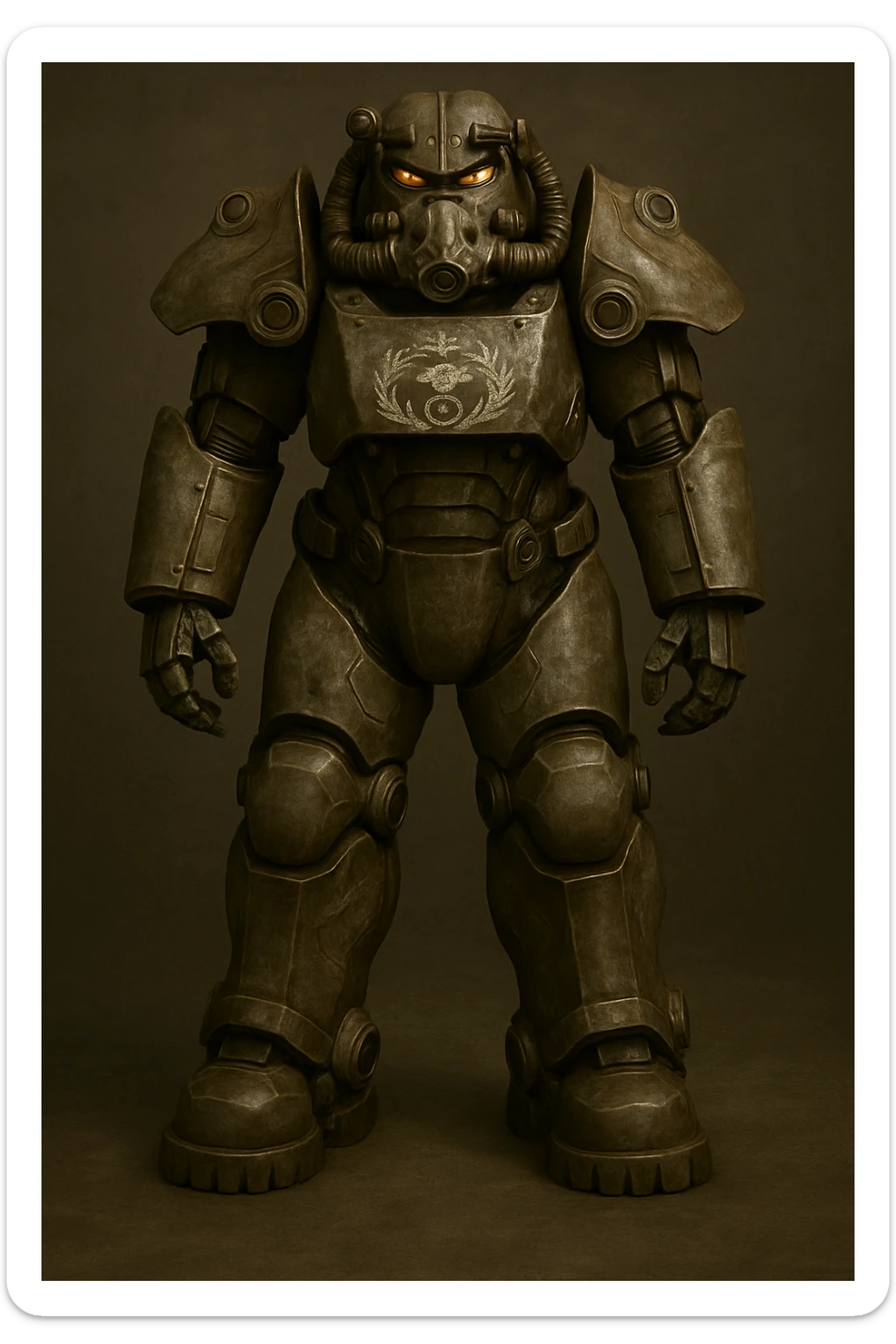 Add the Enclave logo on the chest of the X-01 power armor. Keep the battle-worn, scratched metal texture and glowing eyes effect, integrating the logo naturally into the worn look. sticker