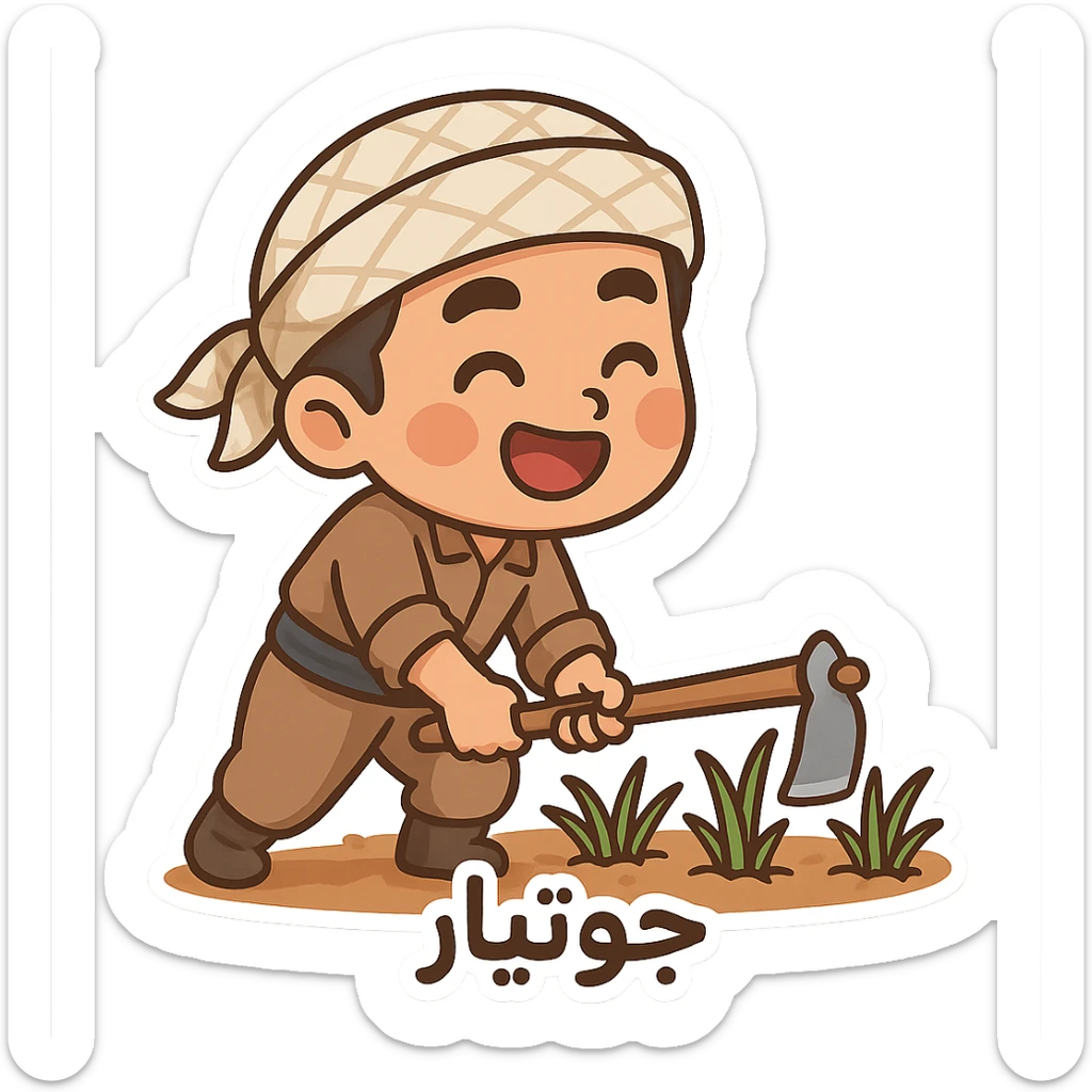 chibi cartoon sticker of a Kurdish farmer (جوتیار) working in the field, cheerful style sticker