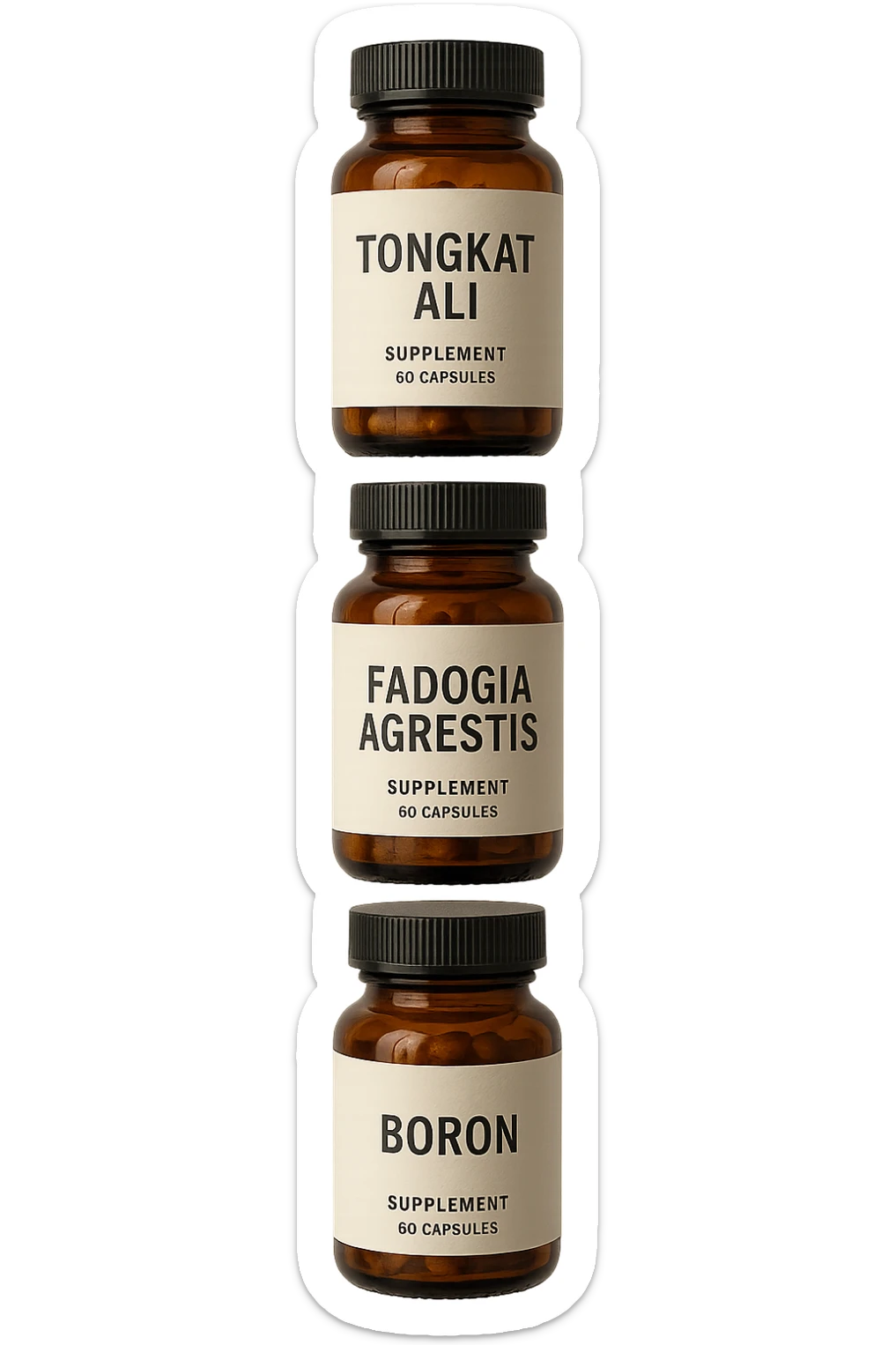 4 boccette di integratore: Tongkat Ali, Fadogia Agrestis, Boron e Zinco fluttuano in aria verticalmente sticker