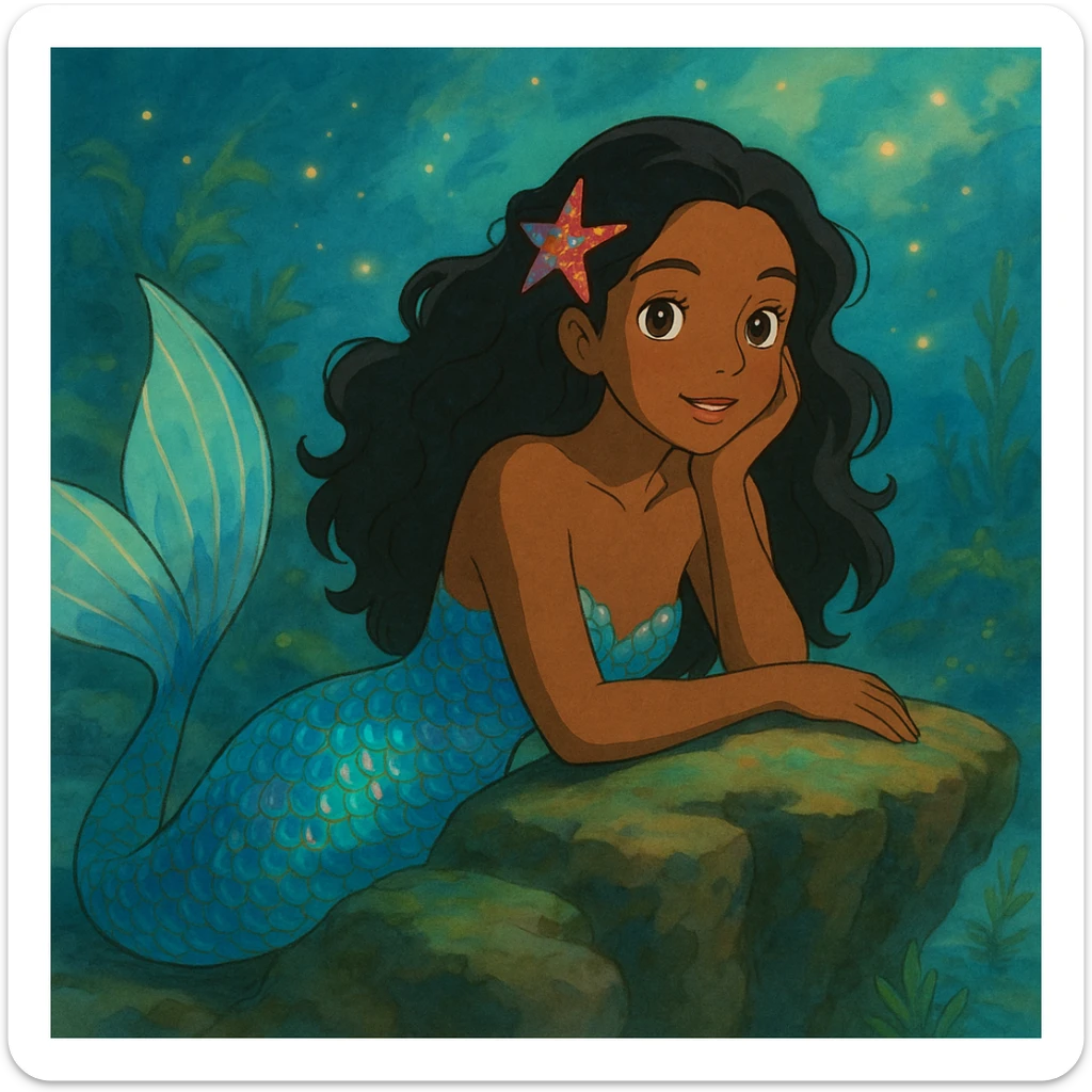 mermaid with pretty brown skin and iridescent scales, magical and whimsical atmosphere, ghibli style sticker