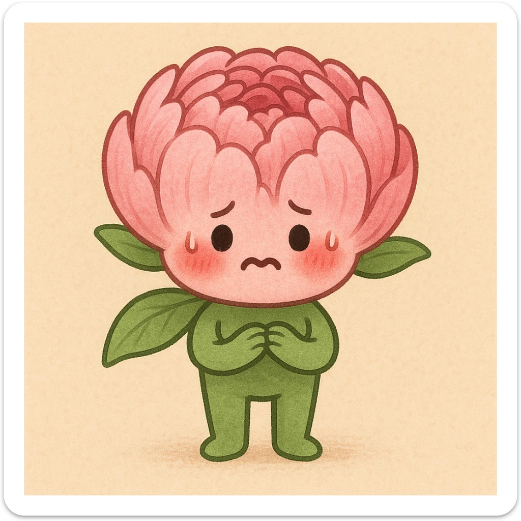 cute anthropomorphic pink peony flower with a round body, arms and legs, blushing cheeks, nervous expression sticker