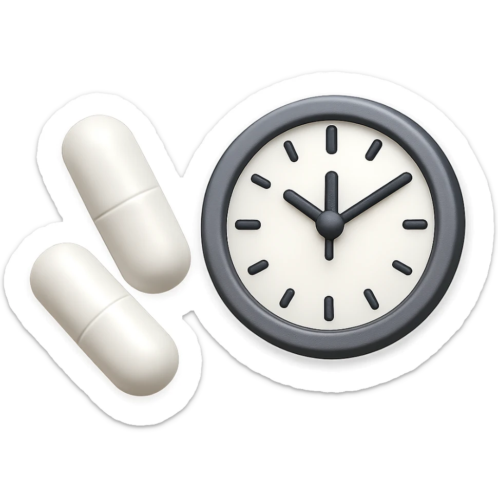 DUE BOCCETTE DI INTEGRATORI BIANCHE FLUTTUANO IN ARIA INSIEME AD UN OROLOGIO DA MURO IN STILE EMOJI IPHONE, IPERREALISTICA 4K sticker