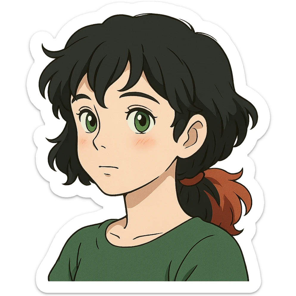 ghibli style girl with green eyes, white skin, wavy black hair, red hair at the back of her neck sticker