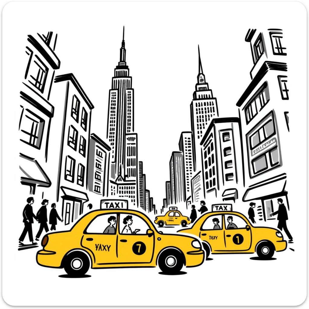 sketch of New York city, 1999, with cabs and tall buildings sticker