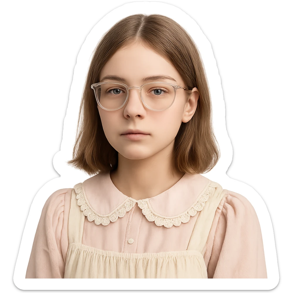 teen girl with clear glasses, shoulder length light brown hair, cute core style, calm expression, no smile sticker