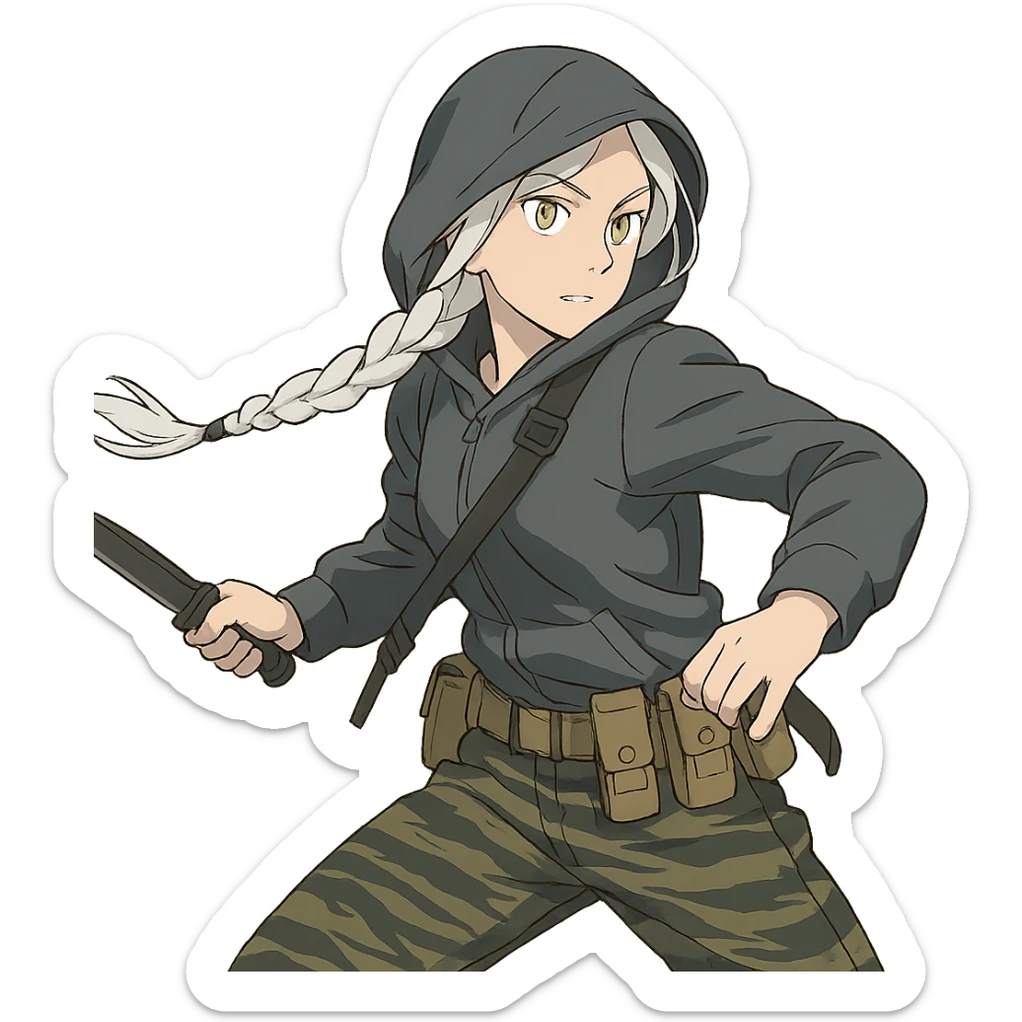 1 female, mid-20's  white hair long braid, gold yellow eyes, gray rainproof hoodie, hood up, single point sling, tan mag pouches on belt rig, tiger stripe camo pants, holding a combat blade, striking, swing sticker