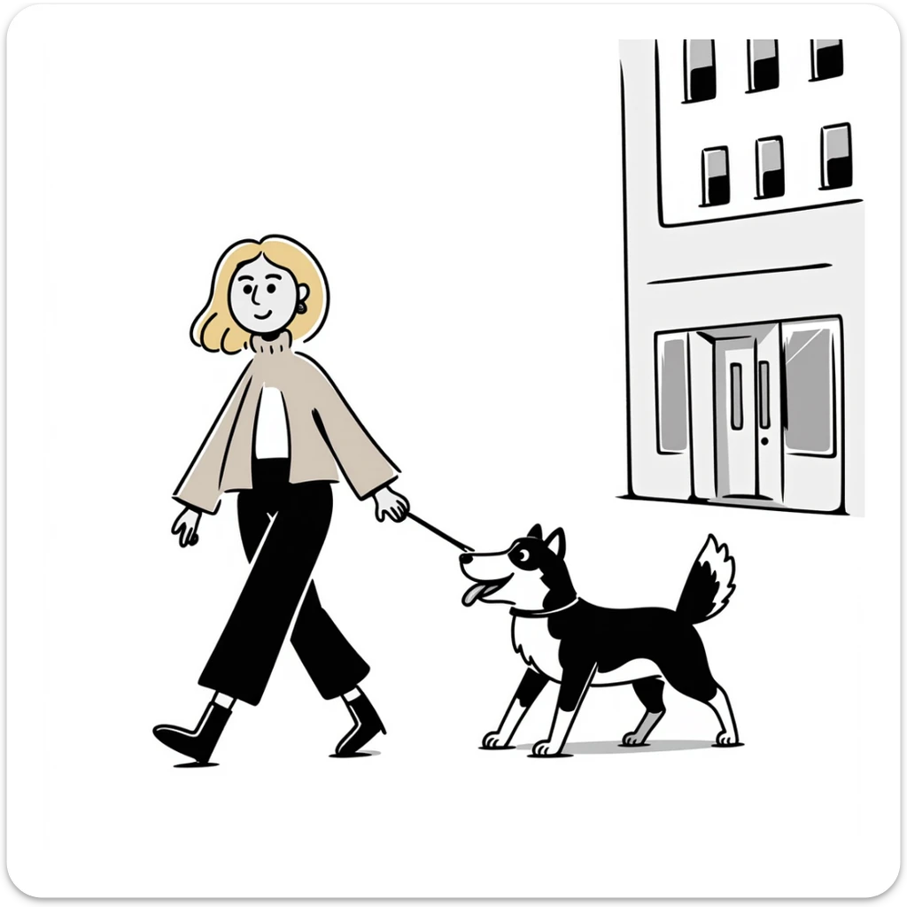 Blonde woman wearing a sweater walking a happy Siberian husky in New York City on an upper east side city sidewalk  sticker