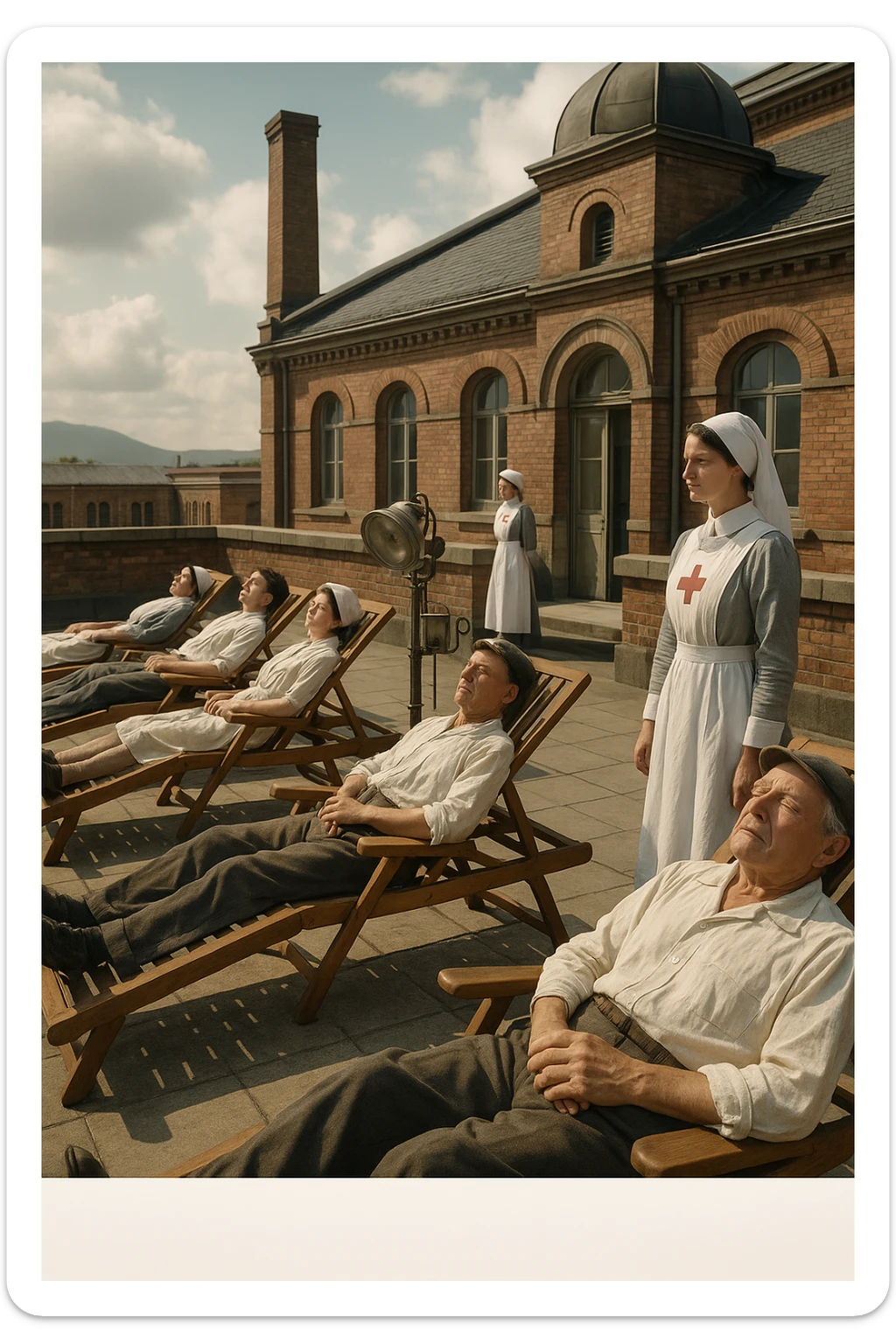 A realistic cinematic image of a hospital rooftop solarium from the 1900s, patients sunbathing under nurse supervision for heliotherapy against tuberculosis and rickets. sticker