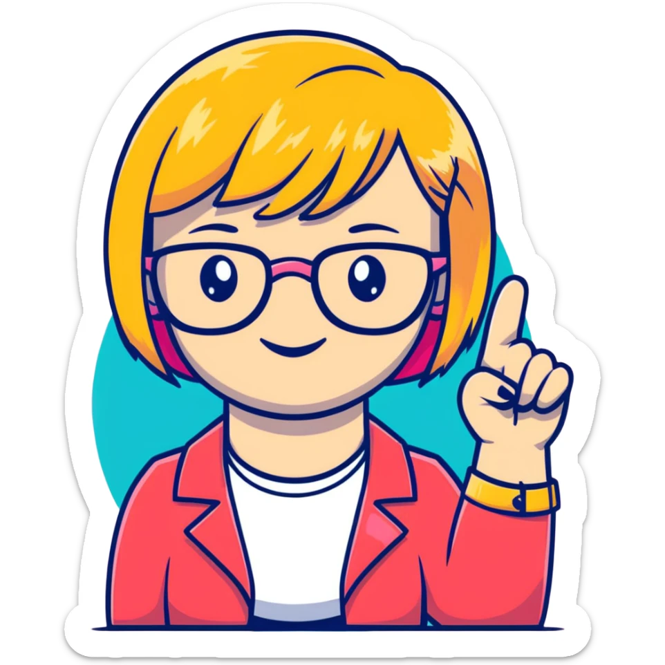 cute cartoon female psychologist with short blonde bob and red-rimmed glasses, raising thumb, wearing bracelet with female symbol, pink red yellow palette sticker