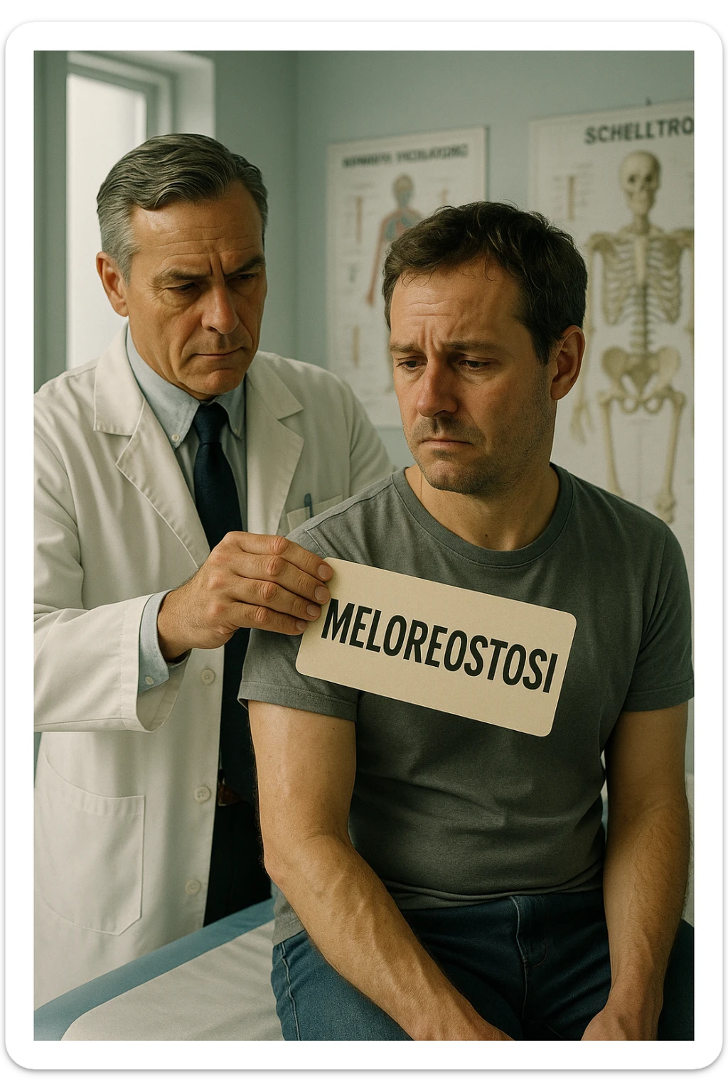 A realistic, cinematic illustration set in a bright, modern medical office. A middle-aged doctor in a white lab coat with a serious expression is shown gently placing a large paper label on the shoulder of a male patient sitting on the examination table. The label has the word 'Meloreostosi' written on it, symbolizing the act of labeling the patient with his rare bone condition. The patient looks confused and slightly disheartened, wearing a simple t-shirt with part of his arm exposed, showing subtle signs of bone thickening or deformation associated with melorheostosis. The background includes medical charts and a softly blurred skeleton model, emphasizing the medical setting. The lighting is bright but neutral, conveying a sterile, clinical atmosphere while focusing on the symbolic moment of receiving a diagnosis label. The mood is introspective and slightly heavy, illustrating the emotional weight of being defined by a rare chronic condition in italiano sticker