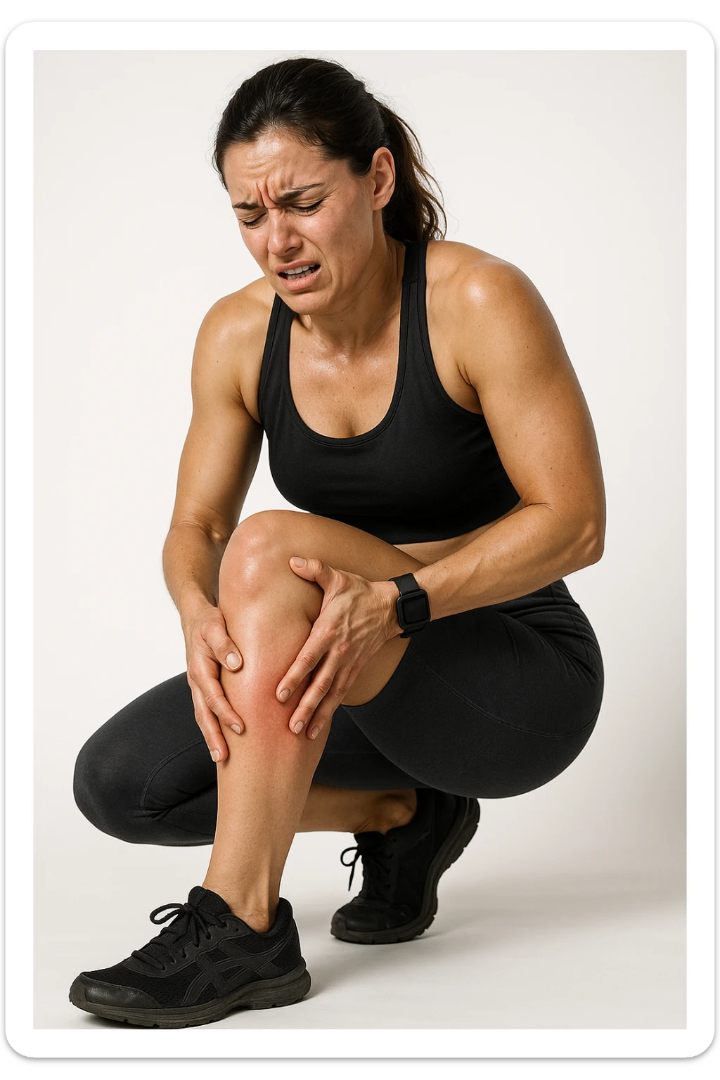 donna fitness che si tocca la gamba dolorante con espressione di dolore in volto, sente le gambe pesanti, iperrealistica 4k, sfondo bianco sticker