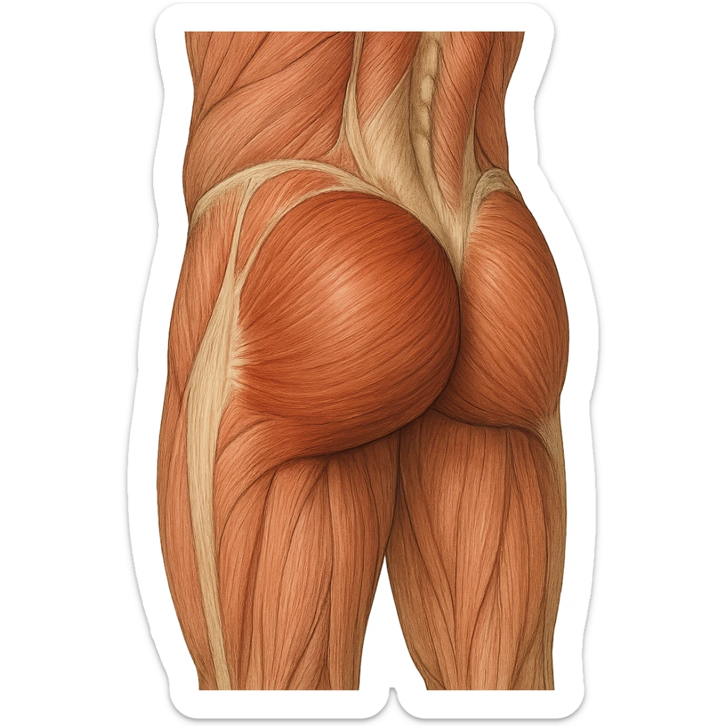 realistic and educational illustration of the gluteus maximus muscle with surrounding muscles highlighted, anatomical details, neutral background, no explicit references to sensitive parts sticker