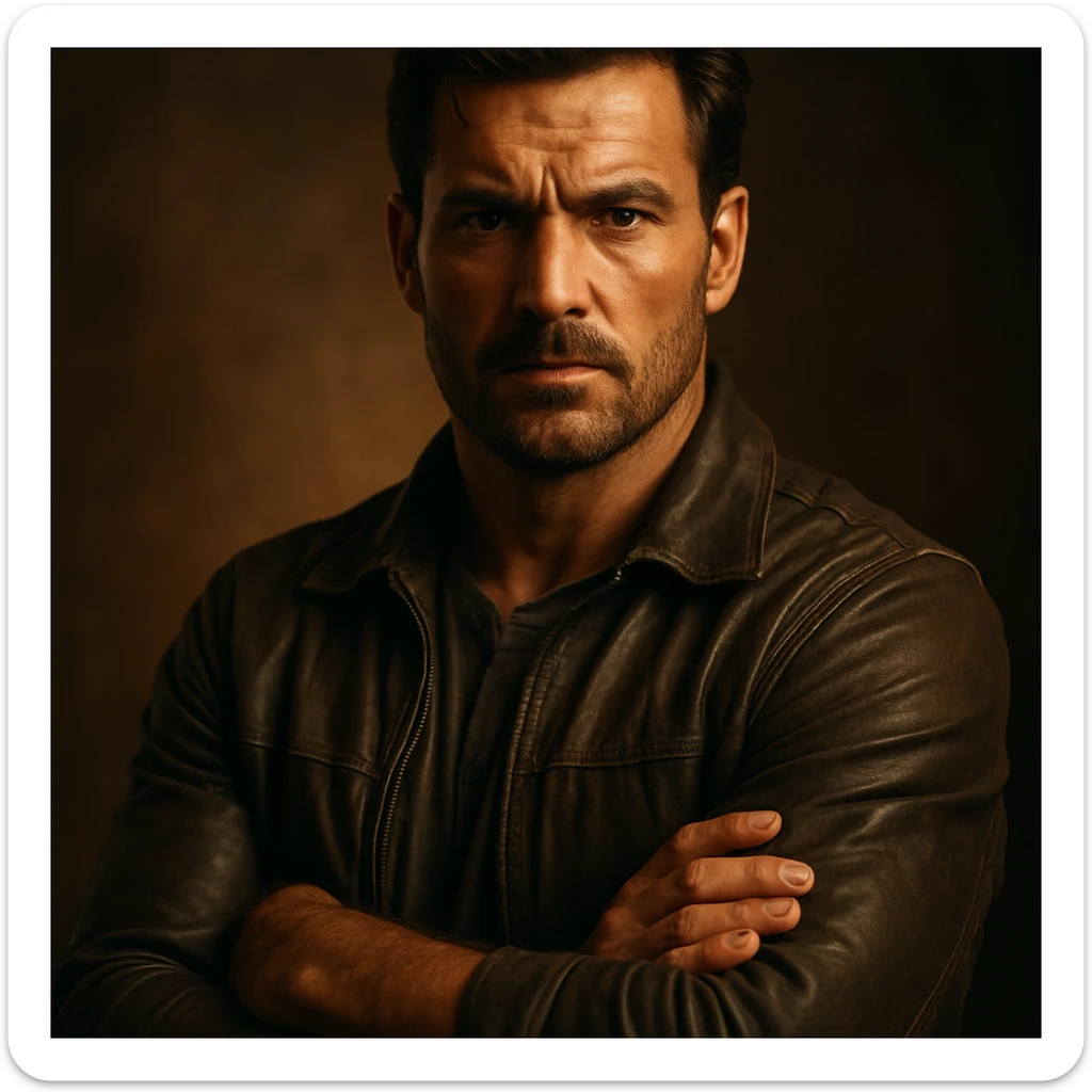 cinematic 4K portrait of a man with strong masculine energy, protective stance, confident posture, warm dramatic lighting, hyper realistic details sticker