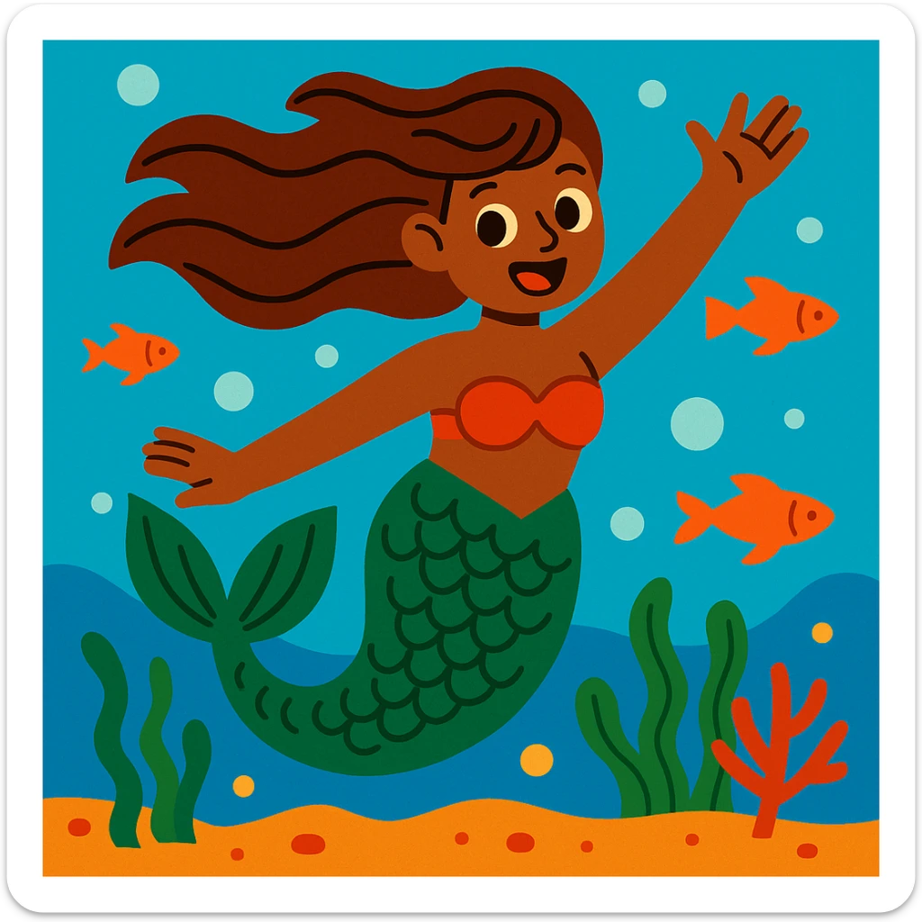 a mermaid with a forest green tail and chestnut brown hair, vibrant cartoon style, colorful, lively sticker