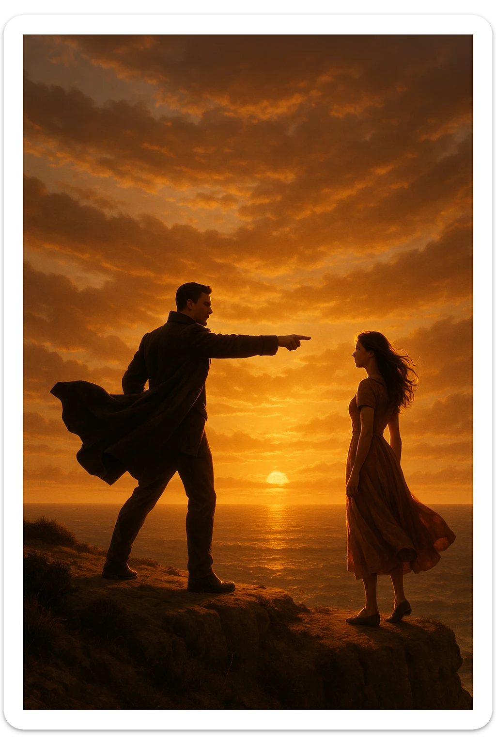 A cinematic scene of a man as a commander guiding a woman toward a bright future, standing on a cliff edge overlooking a vast ocean at sunset, with the man pointing forward while the woman looks at him, ready to follow his lead. The man wears a dark coat blowing in the wind, creating a heroic silhouette, while the woman wears a flowing dress, her hair catching the light. Warm, dramatic lighting with golden tones, emphasizing hope and leadership. Wide-angle shot capturing the epic scenery and emotional connection.
 sticker