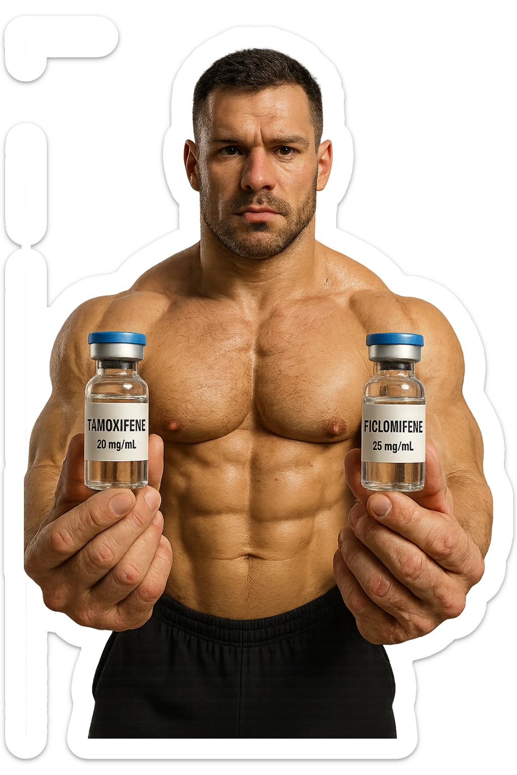 bodybuilder tiene una fiala medica con la scritta "TAMOXIF€NE" NELLA MANO DESTRA E UNA FIALA CON LA SCRITTA €NCL*MIFENE" NELLA MANO SINISTRA sticker