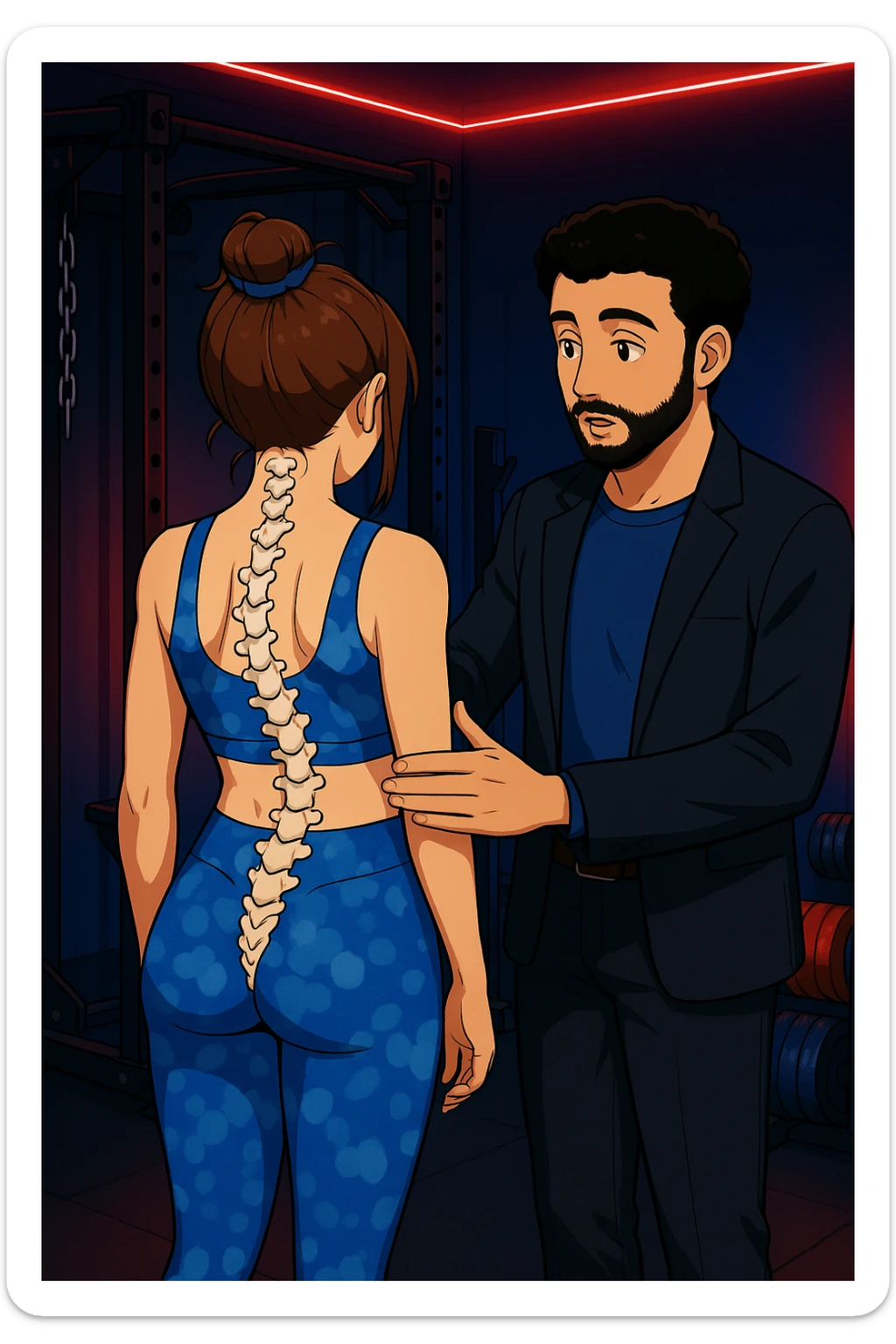 ispirati a questo stile di disegno e fai questa immagine in versione manga/webtoon a colori, il manga mostra la donna di spalle, mentre l'uomo le tocca la spina dorsale per spiegarle come funziona la scoliosi:
Con una scoliosi il baricentro corporeo cade maggiormente da un lato; per non cadere la schiena compensa accumulando tensione sul fianco opposto.
Il risultato? Si inclina e ruota sempre più, fino a che non cede (discopatie, artrosi, ecc) sticker