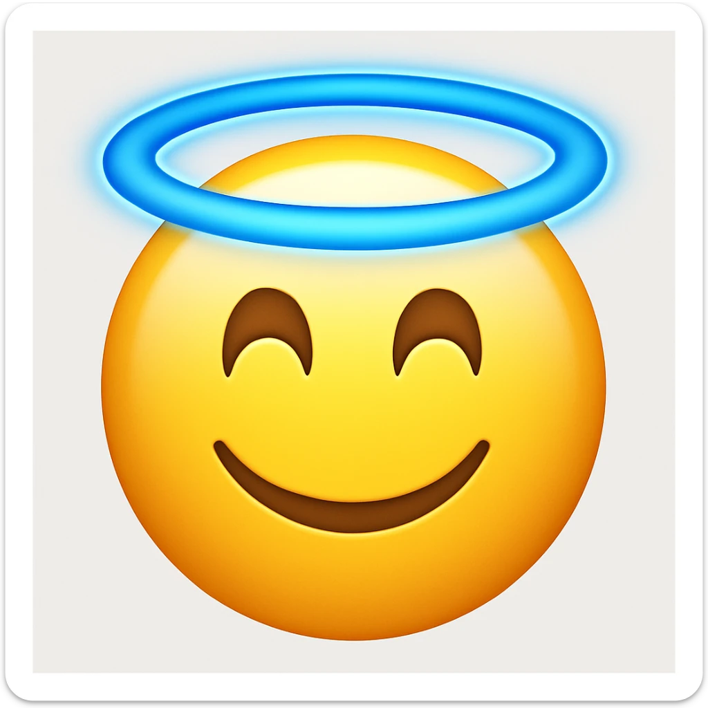A smiling emoji with a blue halo above its head, in the style of Apple emojis. sticker