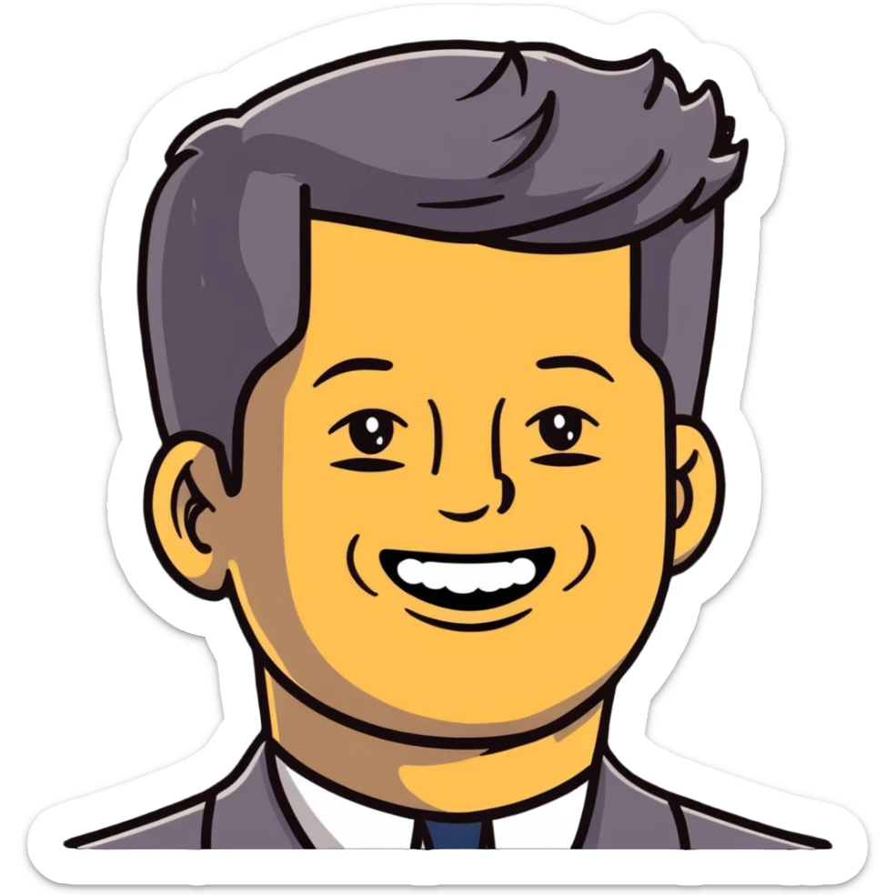 John F. Kennedy portrait with his classic hairstyle and smile sticker