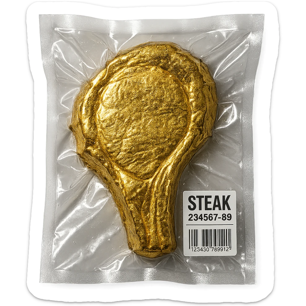 steak covered in edible gold, shiny and inflated, vacuum-sealed style sticker