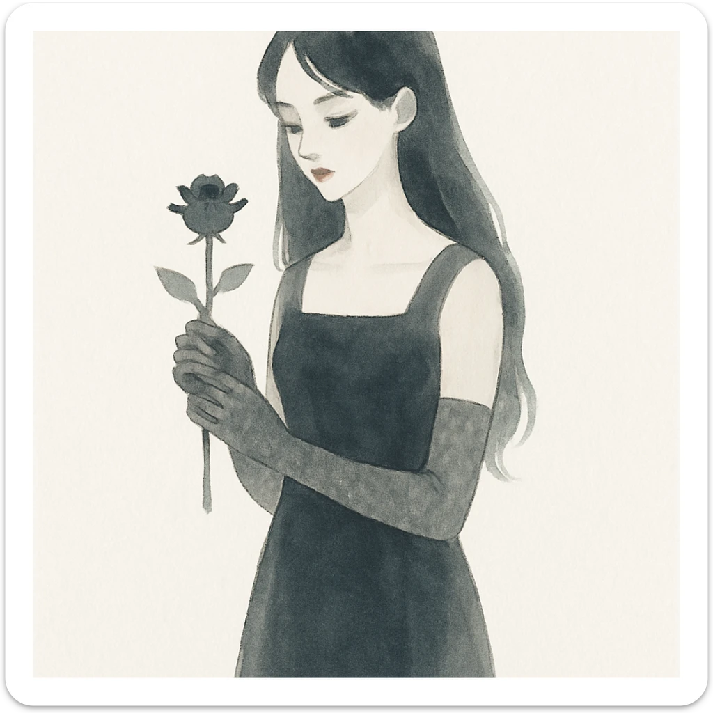 gothic girl, elegant long black dress, lace gloves, holding a black rose, watercolor art style sticker