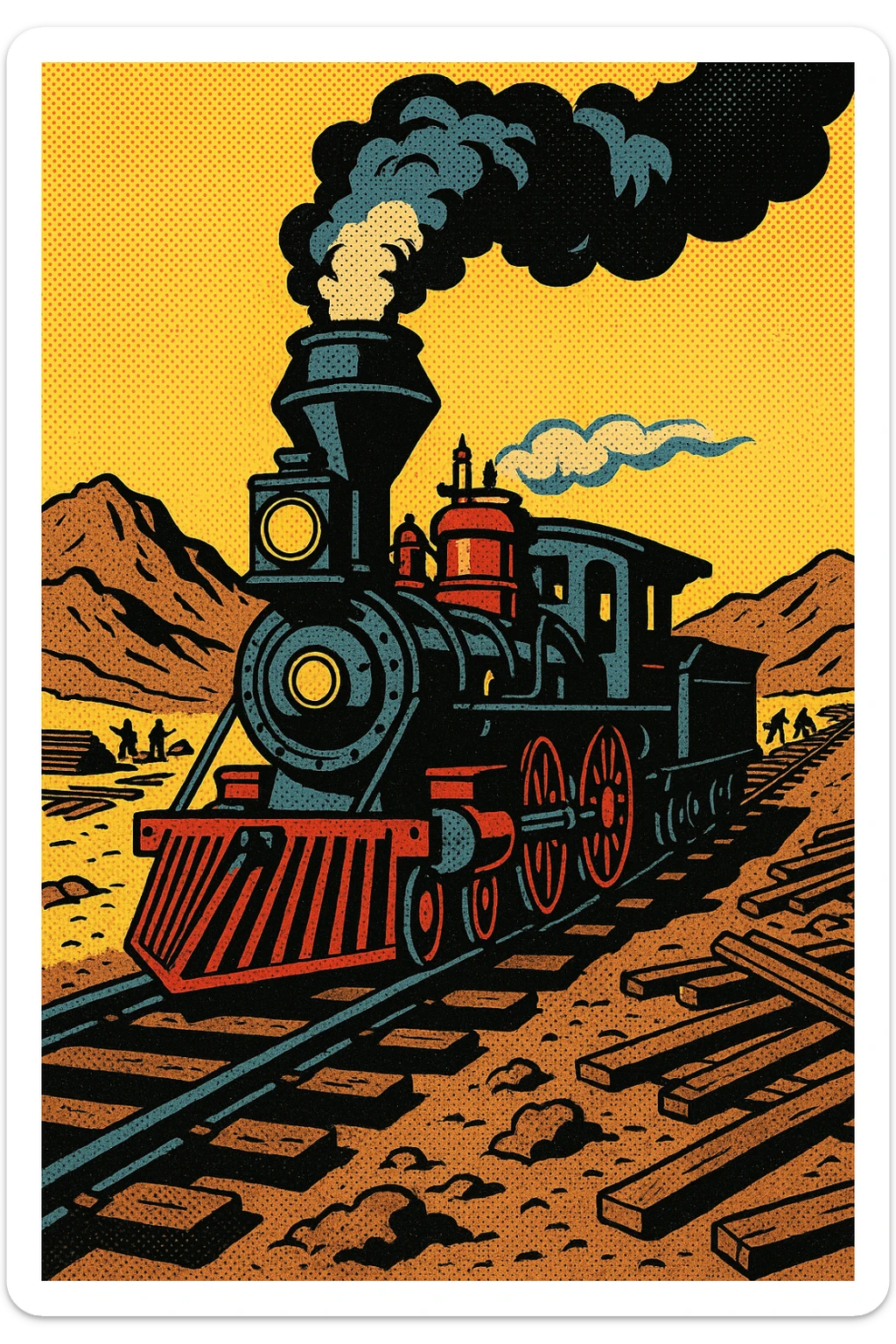 A steam train engine on the Transcontinental Railroad in the American West in the 1860s with the railroad tracks being built in the background sticker