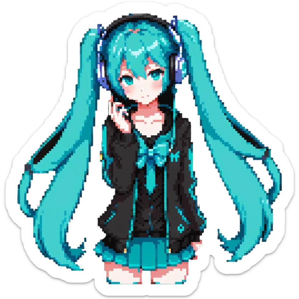 Hatsune Miku with teal twin tails, headphones, and signature outfit sticker
