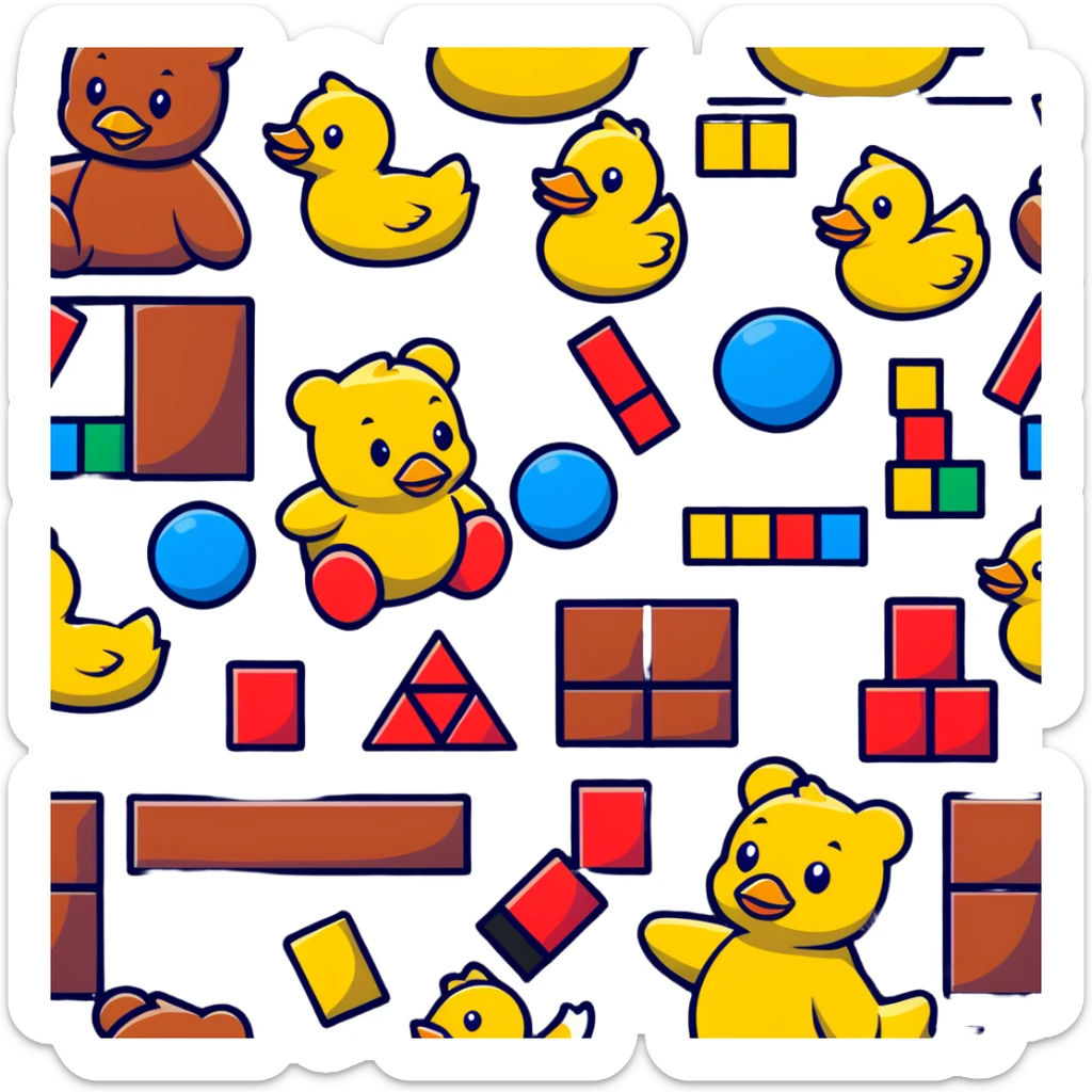 Colorful toys scattered together - teddy bear, rubber duck, toy blocks, ball, and action figures sticker