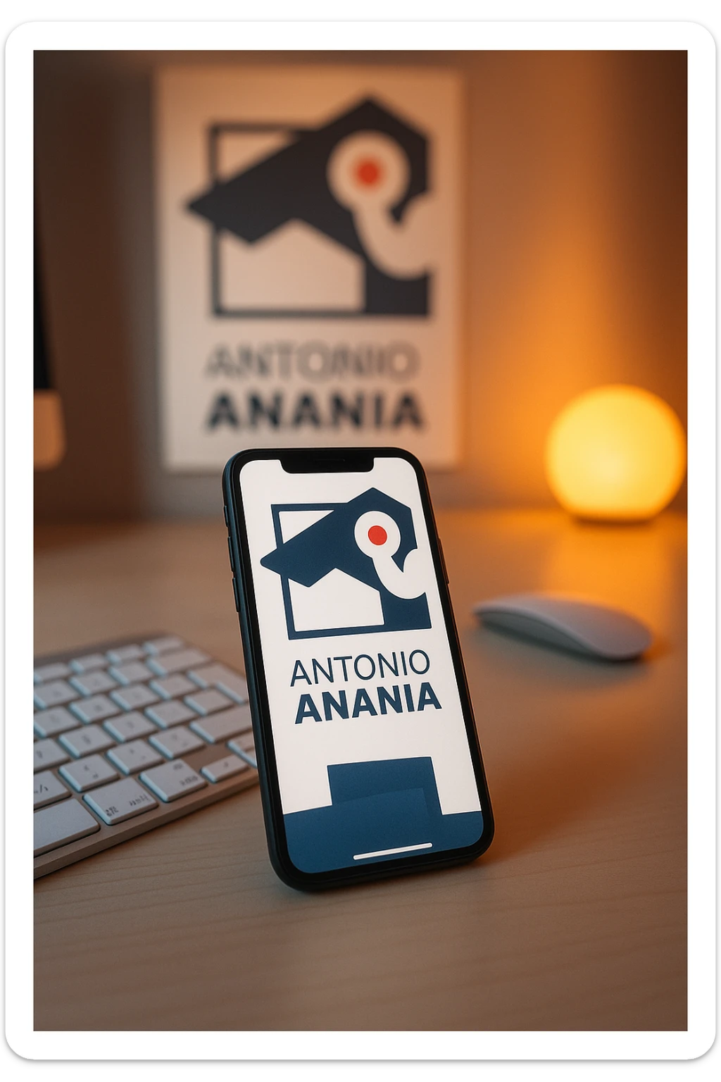 A photo of an iPhone on the desk with the logo of "Antonio Anania" on its screen, The phone sits atop a desk with a blurred with the logo in the background that suggests work environment. A faint glow from above casts gentle shadows across the surface of each object, creating depth and highlighting their textures sticker