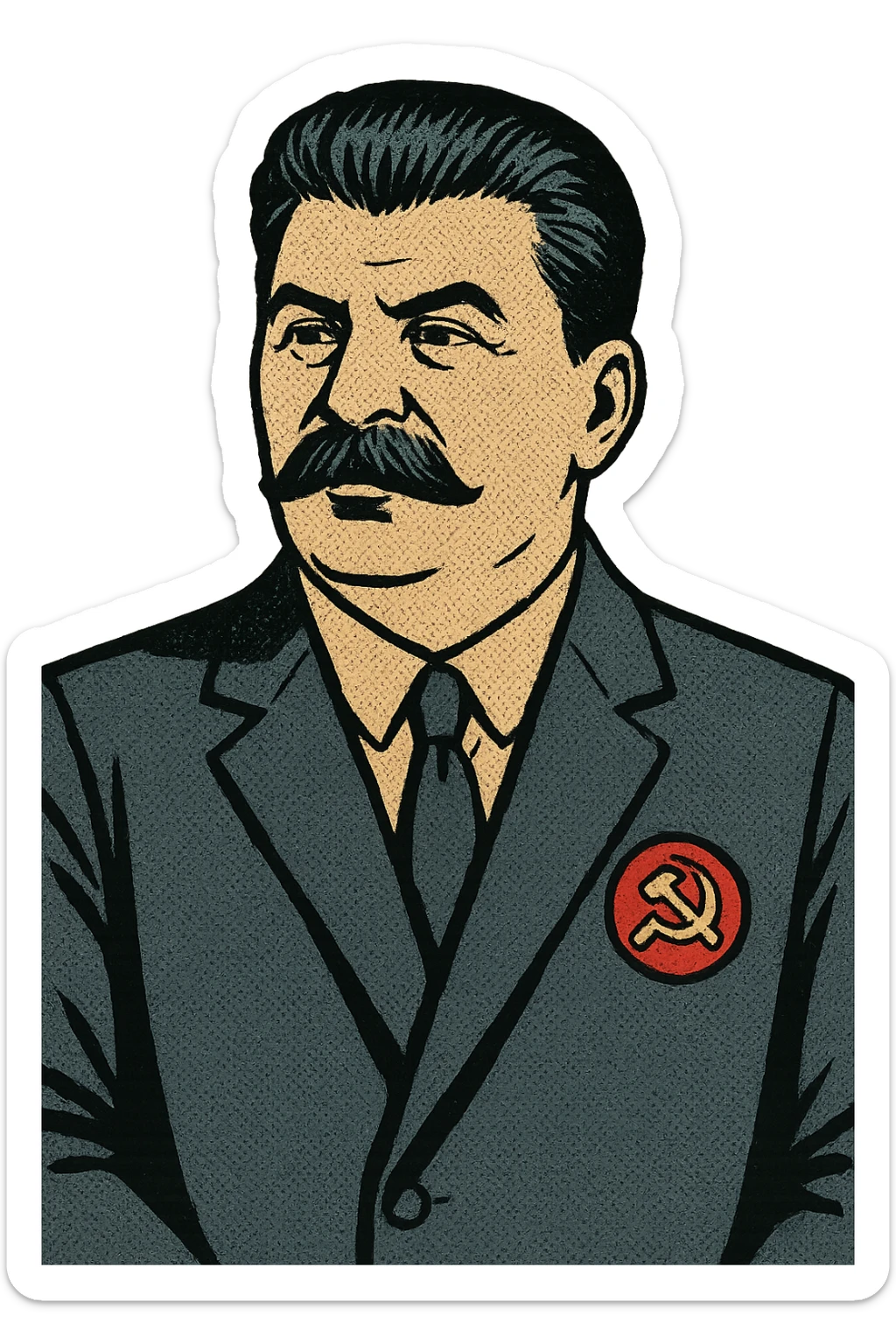 An upper body image of a leader who looks like Joseph Stalin with a suite and wearing a Communist Party badge. sticker