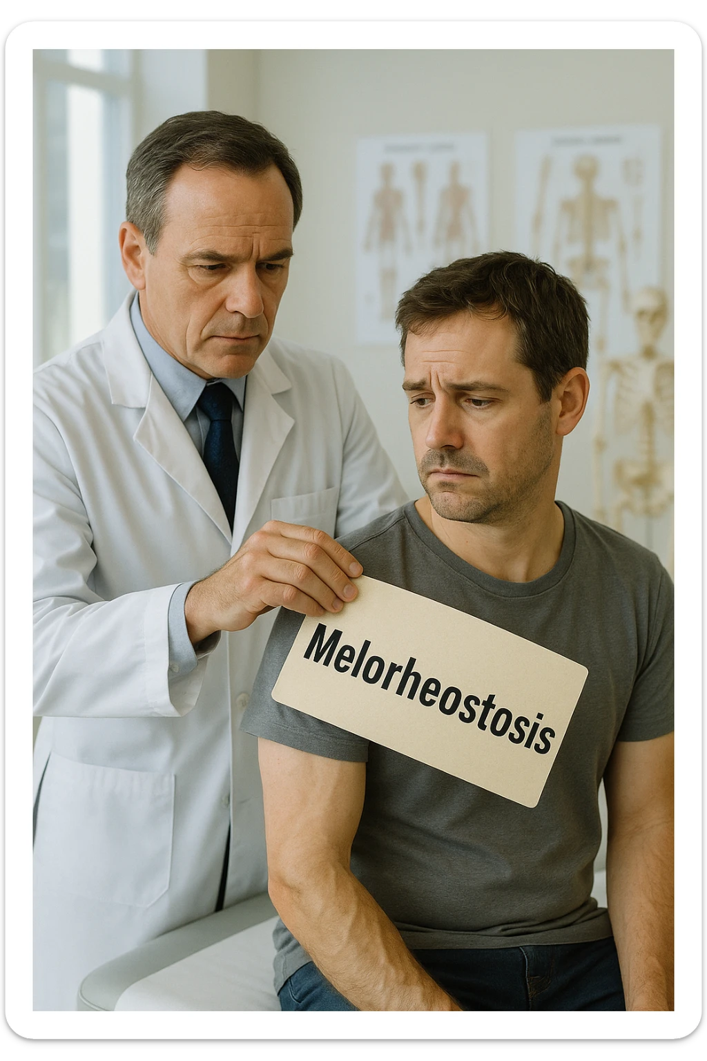 A realistic, cinematic illustration set in a bright, modern medical office. A middle-aged doctor in a white lab coat with a serious expression is shown gently placing a large paper label on the shoulder of a male patient sitting on the examination table. The label has the word 'Melorheostosis' written on it, symbolizing the act of labeling the patient with his rare bone condition. The patient looks confused and slightly disheartened, wearing a simple t-shirt with part of his arm exposed, showing subtle signs of bone thickening or deformation associated with melorheostosis. The background includes medical charts and a softly blurred skeleton model, emphasizing the medical setting. The lighting is bright but neutral, conveying a sterile, clinical atmosphere while focusing on the symbolic moment of receiving a diagnosis label. The mood is introspective and slightly heavy, illustrating the emotional weight of being defined by a rare chronic condition sticker