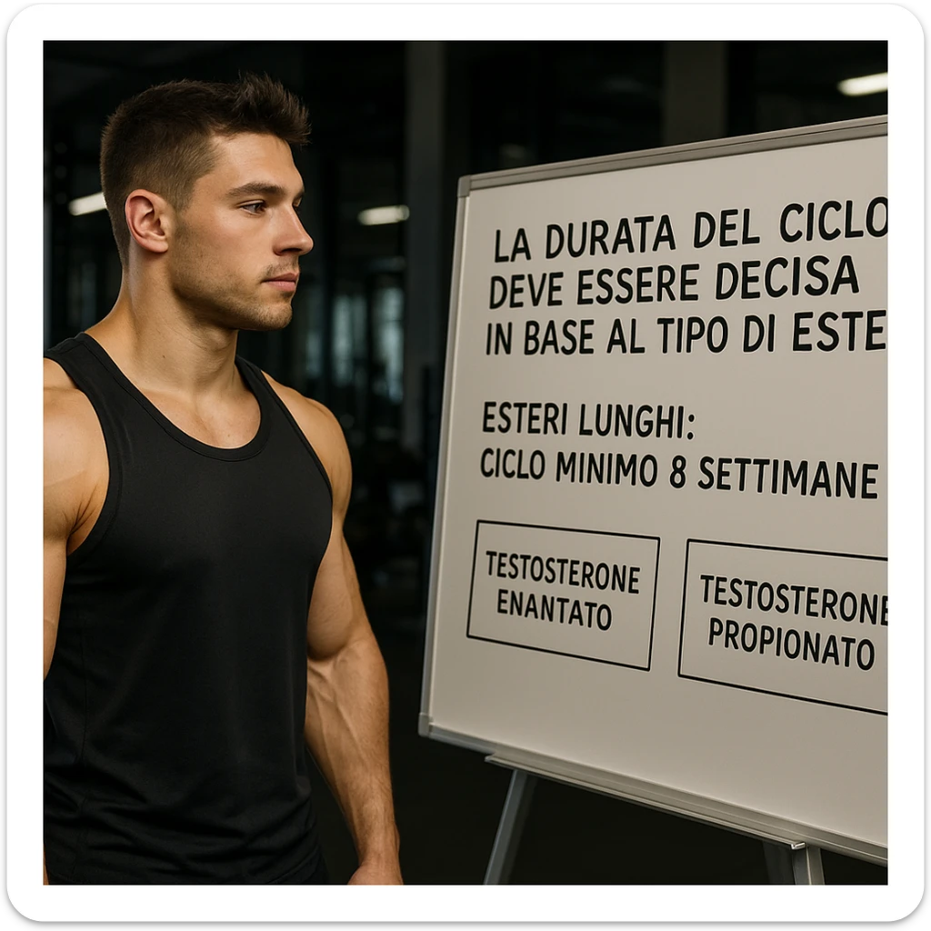realistic young muscular bodybuilder in sportswear looking at a gym whiteboard with Italian text 'La durata del ciclo deve essere decisa in base al tipo di estere' and 'Esteri lunghi: ciclo minimo 8 settimane', boxes labeled 'Testosterone Enantato' and 'Testosterone Propionato' nearby, attentive expression, learning atmosphere, gym background, 4K quality sticker