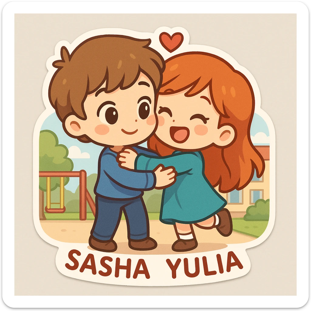 Sticker of Sasha and Yulia, two young lovers, in a cute and playful style, with exaggerated facial features and bright colors, hugging each other, with a background of a school or a playground. sticker