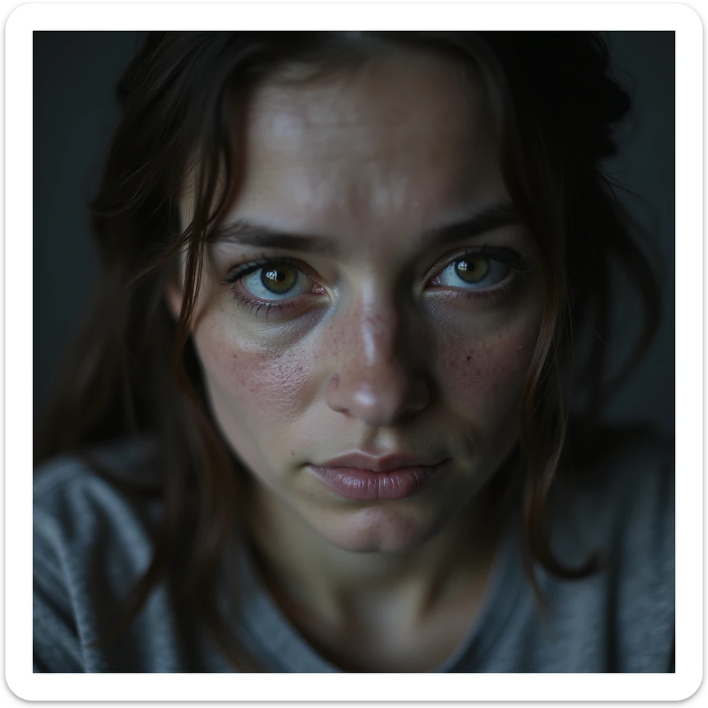 close-up of woman with chronic fatigue, pale skin, deep dark circles, lost and dull gaze, exhausted expression, hyperrealistic style, realistic details, 4K quality, neutral background sticker
